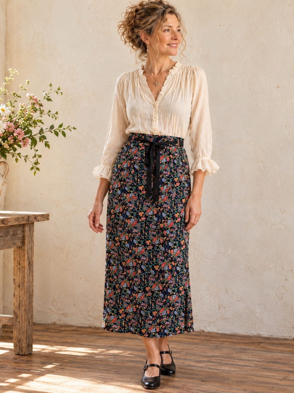 Vintage April Cornell Cornell Trading Floral Rayon Midi Skirt